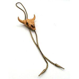 Bolo Tie Cow Skull Head Vintage Cowboy Western Gold Black Leather Braided Tips